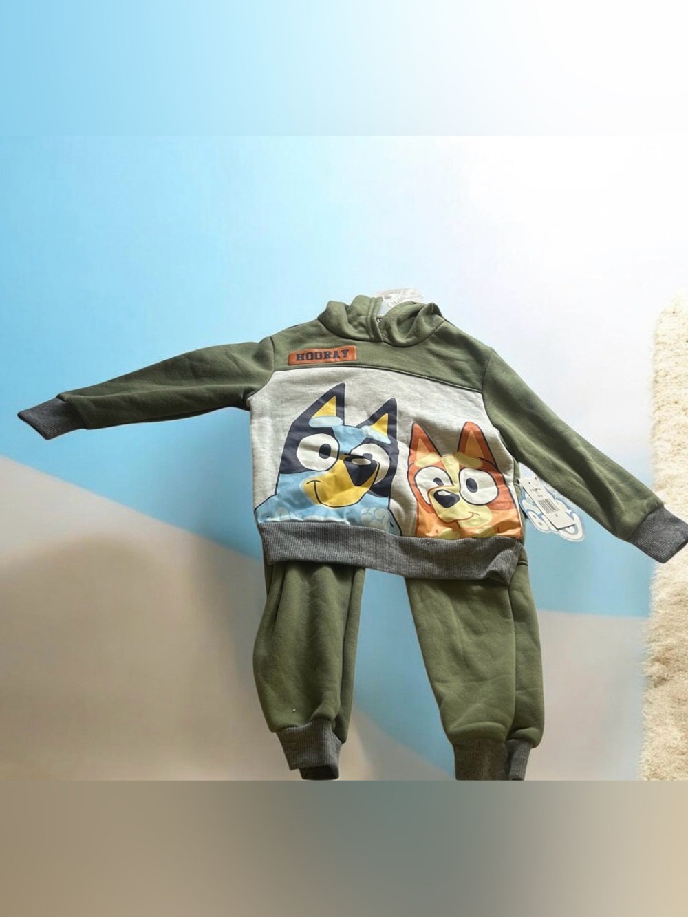 Kids Olive Green Hoodie and Jogger Set with Cartoon Puppy Graphics